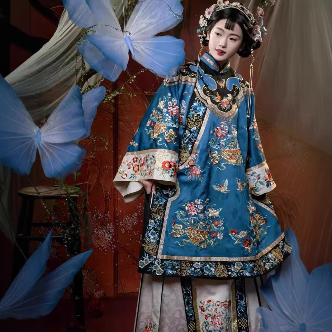 清汉女晋商少奶奶清朝贵妃斜襟印花套装清代古装蓝色汉服立领徽商