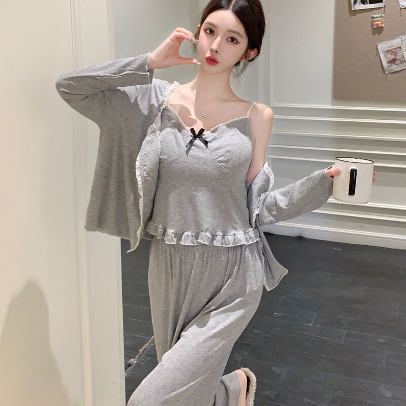 秋季新款睡衣女莫代尔三件套高级感长袖长裤简约居家服小香风带胸|undefined