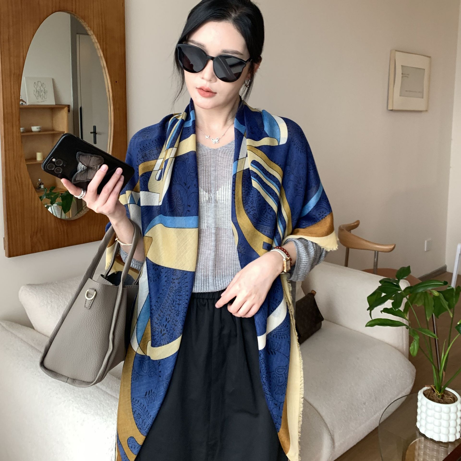 Geometría coreana impresión bufandas 2024 nuevo estilo exterior con capa capa capa algodón lino sensación de 130 cm toalla cuadrada