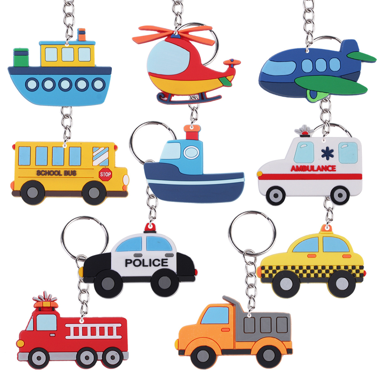 PVC various transportation vehicle keychains, fire truck, school bus, cartoon backpack decoration, Amazon keychain