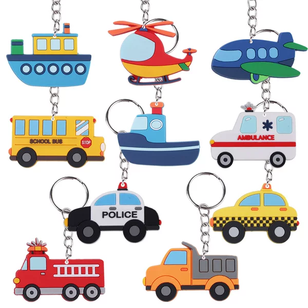 PVC various transportation vehicle keychains, fire truck, school bus, cartoon backpack decoration, Amazon keychain