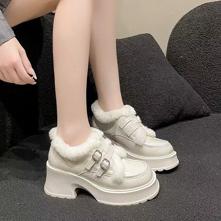 2024 зимние новые дикие туфли на толстом каблуке рафу хлопковые туфли