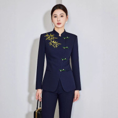 新中式竹叶刺绣盘扣长袖西装三件套职业装女装气质酒店接待工作服