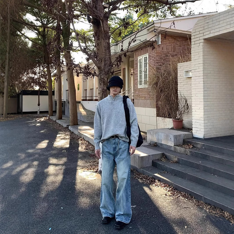 Light Blue High-Waisted Men's Jeans American High Street Washed Scimitar Pants Cleanfit Slight Flare Straight Long Pants