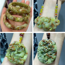 直播货源新款天然辽宁黄岫玉手镯 姜花岫玉藏红花黄金玉山水挂件