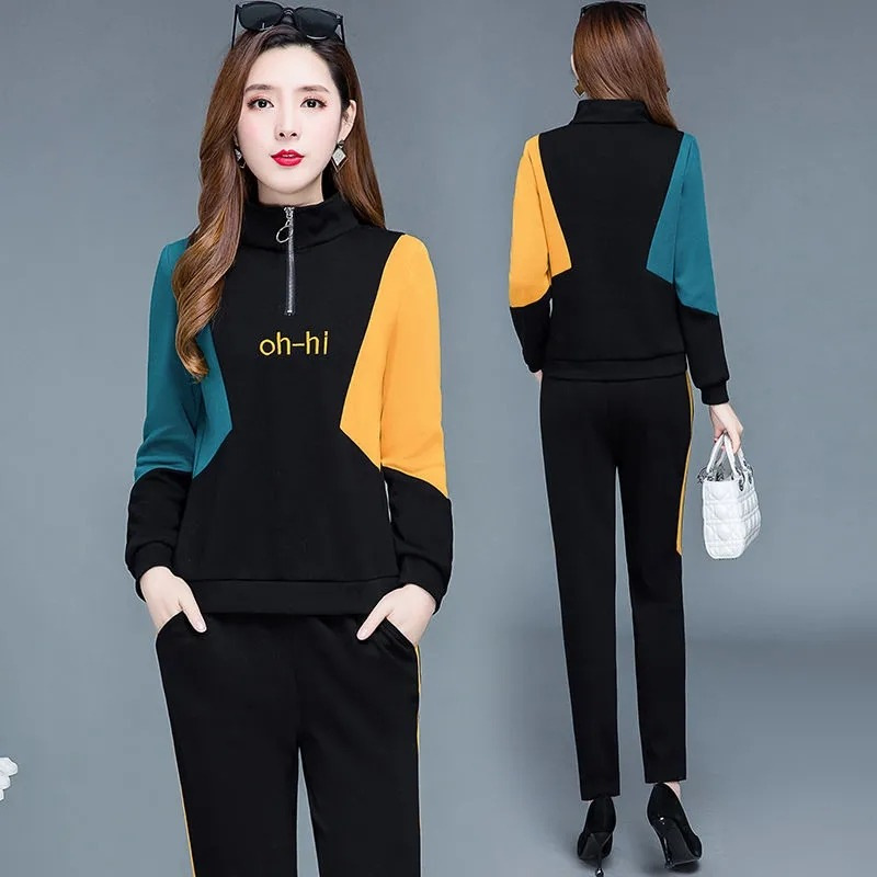 Casual Sports Suit Women's Spring and Autumn New Korean-style Loose Collar Half-zipper Stylist Two-piece Fashionable Stitching Sweatshirt