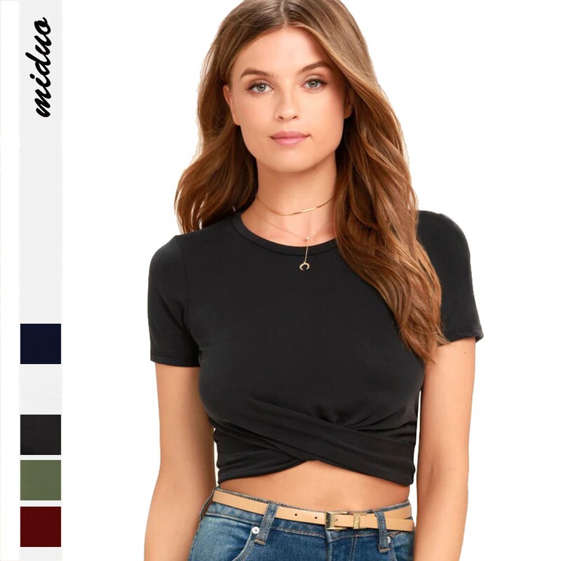 Cross-border New Solid Color Women's Summer Round Neck Short-sleeved T-shirt Slim Fit Slimming Navel Kink Ultra Short Top Wholesale