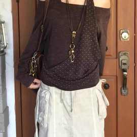 【原版面料】露肩波点长袖T恤女挂脖一字肩宽松上衣