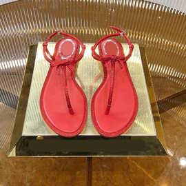 2025夏季新款时尚水钻一字带夹趾凉鞋人字拖鞋海边沙滩平底凉鞋