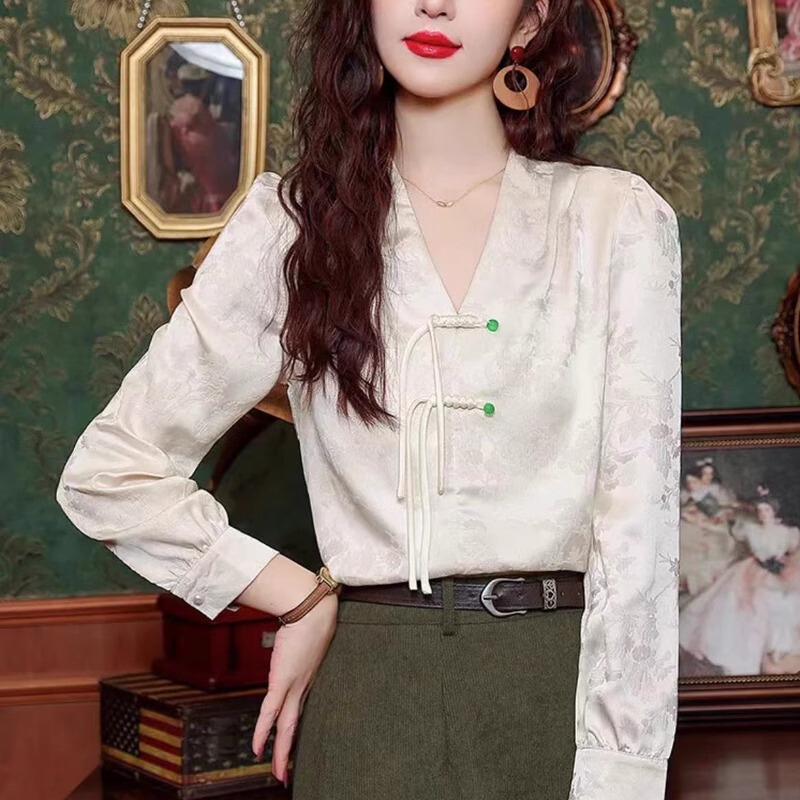 Guofeng Spring and Summer Thin Vintage Button V-Neck Shirt with Horse Face Skirt New Chinese Style Women's Shirt A3294