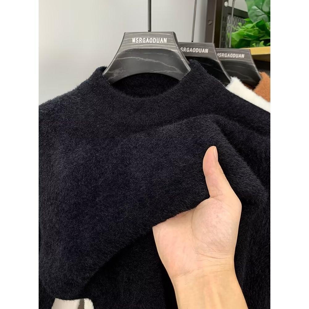 Herrenbekleidung Halber Rollkragenpullover aus Nerzfleece für Herren im Herbst und Winter sowie verdickter Strickpullover aus Samt mit warmem Mittelkragen_voghion.com