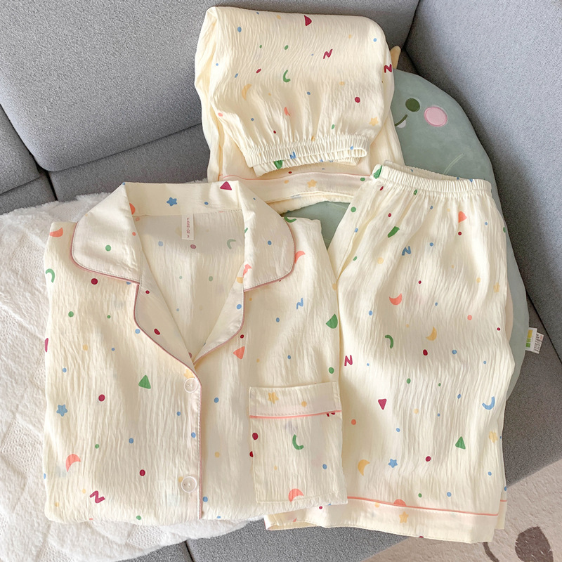 Cartoon Color Dot Pajamas for Women, Spring and Summer Pure Cotton Gauze Short-Sleeved Three-Piece Suit, Cardigan, Loose Large Size Home Clothes