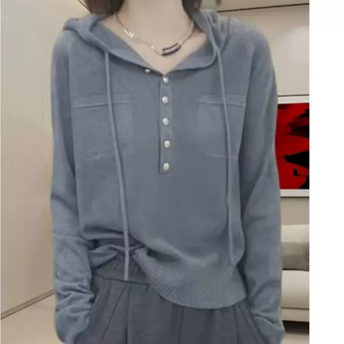 白色连帽半开领针织衫女2025年春秋新款简约帽衫时尚减龄百搭上衣