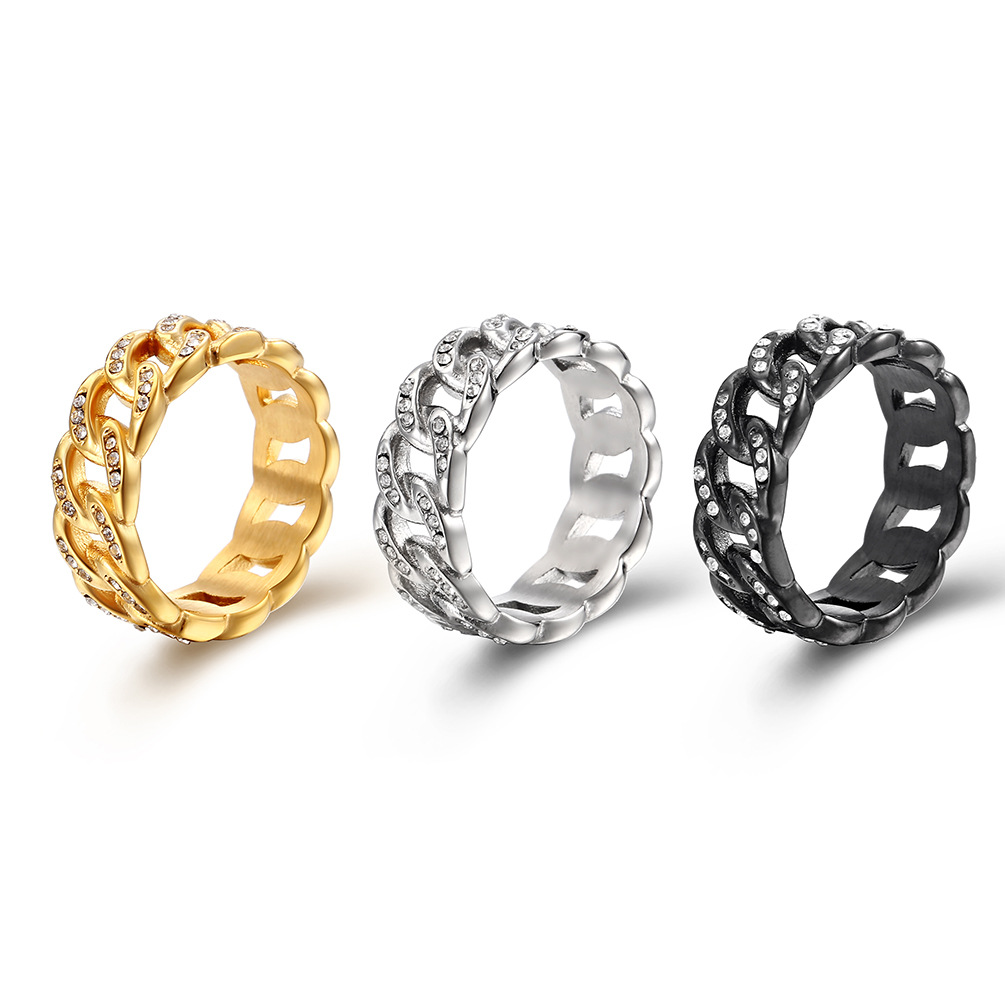 Cuban Chain Diamond Ring In Titanium Steel Hip Hop Style_voghion.com