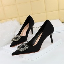 18249-AK83 European and American style banquet women's shoes with thin heels, high heels, shallow mouth, pointed silk, metal rhinestone buckle, women's singles shoes