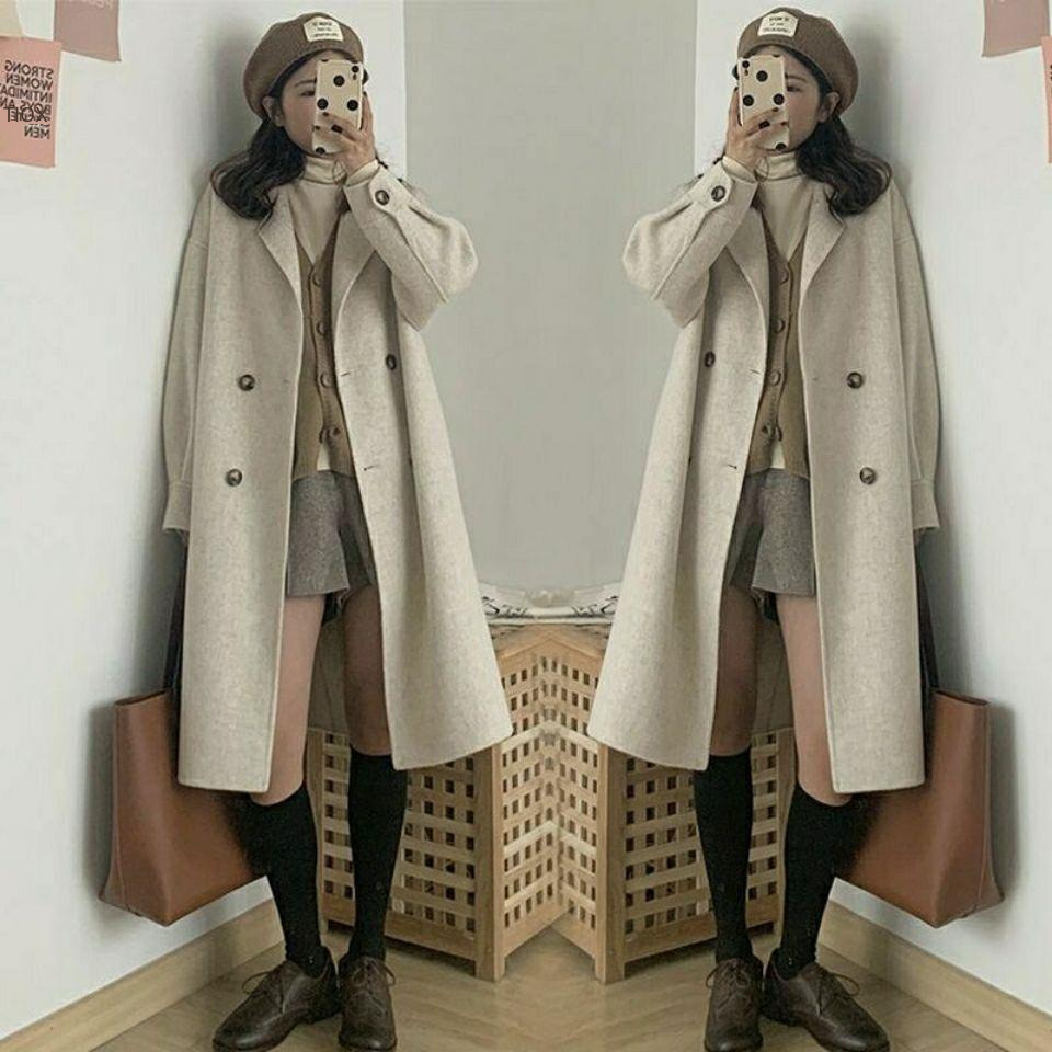 Wollmantel Damen Mittellang Klein Frühling und Herbst Neuer Hepburn-Stil Koreanischer Lockerer Beliebter Wollmantel Strickjacke_voghion.com