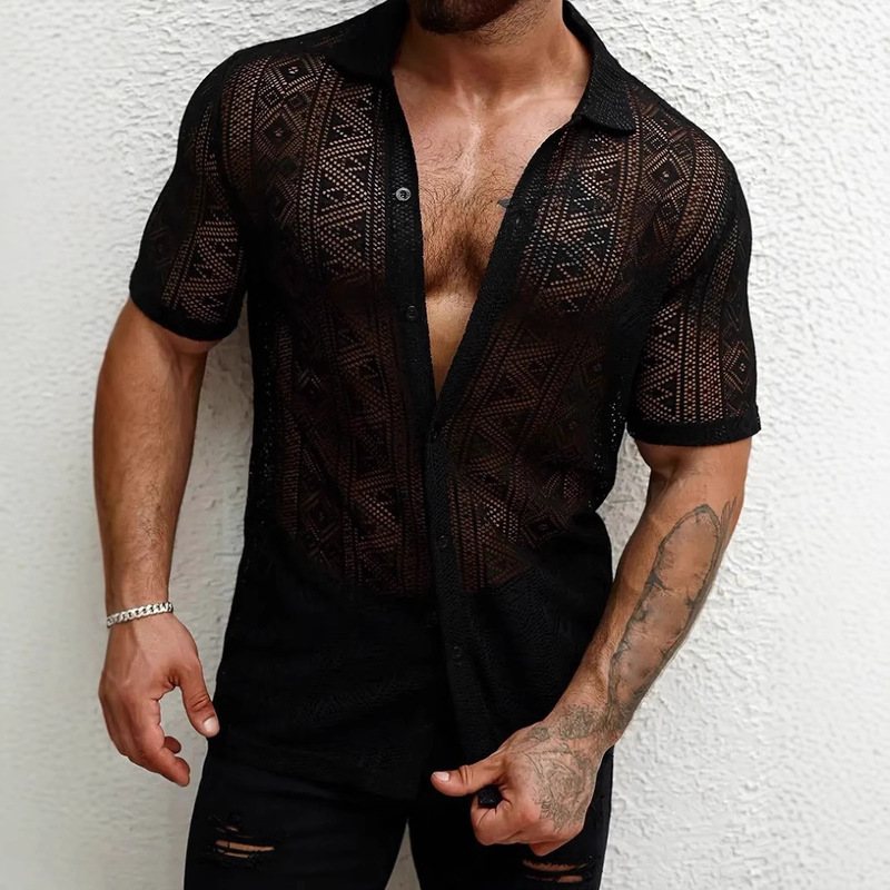 2025 European and American Street Popular Men's Lace Shirt Short-Sleeved Transparent Buttons Summer Casual Holiday Cut Out See-Through