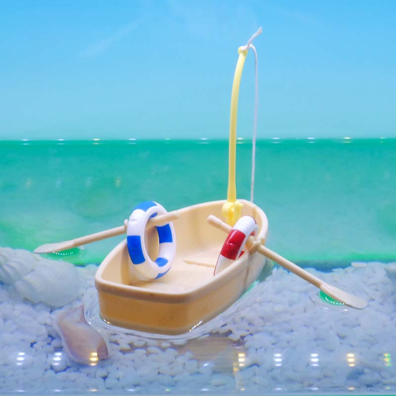 Barco de pesca, modelo de paisajismo de acuario, decoración de paisajismo interesante, acuario, superficie del agua, barco de plástico flotante, anillo de natación, pesca