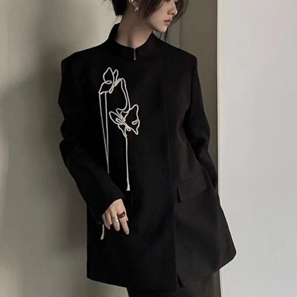 Retro-style Chinese-style suit jacket, spring and autumn, high-end niche design, black casual suit top for women.