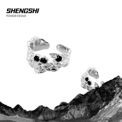 新品不規則黑鋯石熔岩戒指女設計感小眾不掉色個性可調節戒指飾品