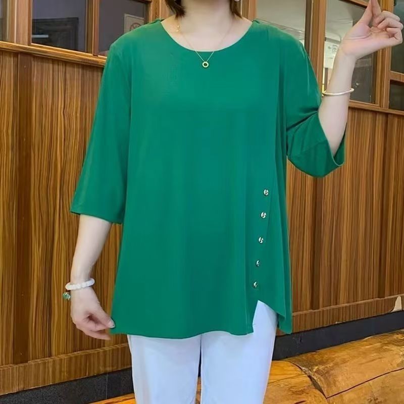 중간 및 짧은 소매 루즈한 배 커버 특대 사이즈 100kg 여성복 중년 및 노년층 엄마 패션 여성복 다용도 솔리드 컬러 티셔츠