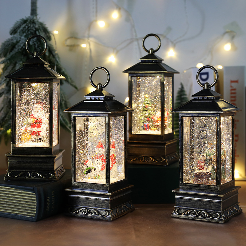 Christmas decorations snow crystal ball music box glowing elderly style lantern Christmas scene arrangement Christmas gift