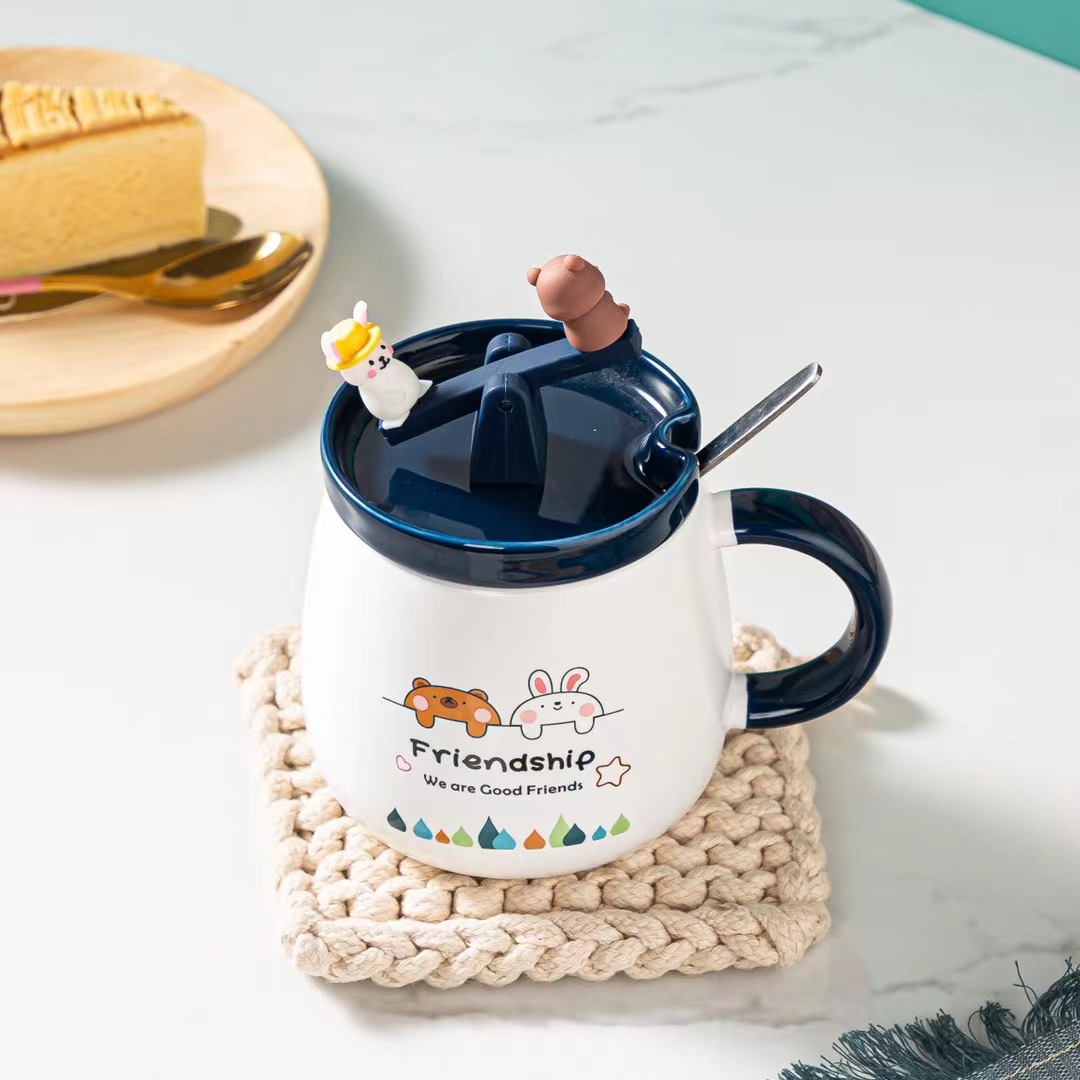 Creativo lindo conejo de dibujos animados y oso taza de café de oficina taza de café de regalo de cerámica