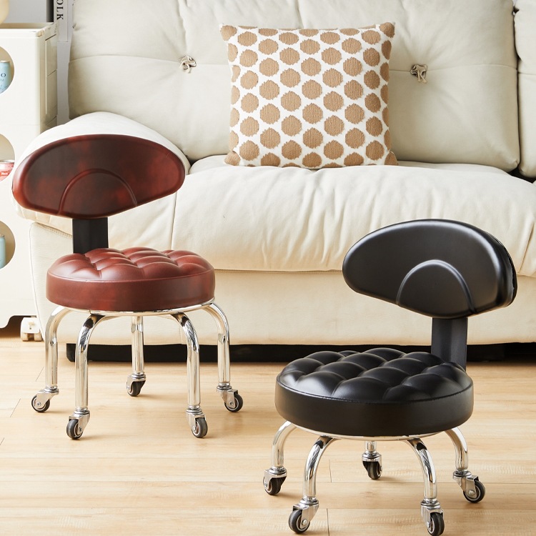 Swivel Caster Low Stool with Beautiful Seams, Small Stool for Home Use, Silent Toddler Round Stool with Wheels, Mobile Chair with Backrest