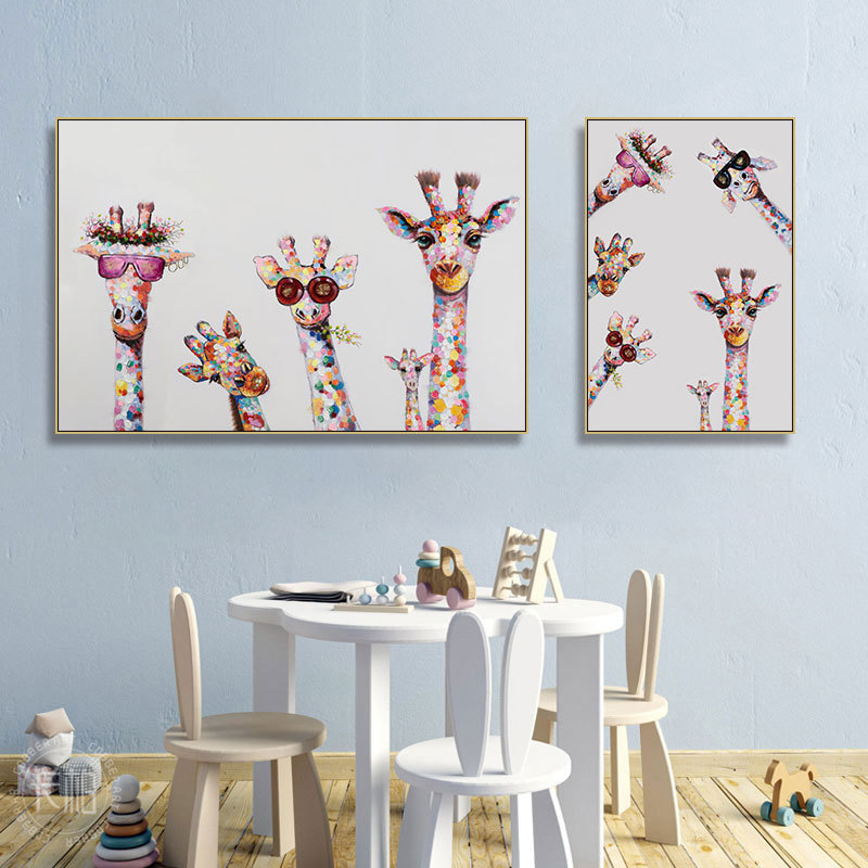 长颈鹿家族装饰画儿童房间手绘油画客厅沙发背景墙治愈系动物壁画