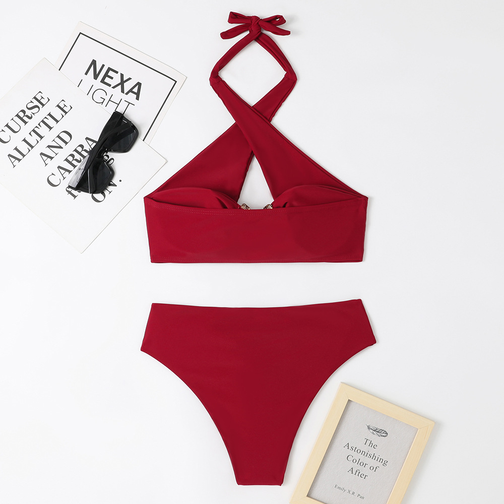 Women's Solid Colour Bikini Set Backless Sexy Metallic Accents_voghion.com