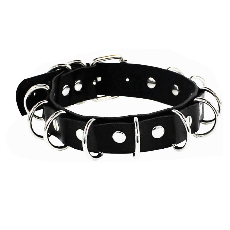 Factory direct European and American creative jewelry punk style exaggerated double leather necklace metal multi-ring neck chain collar