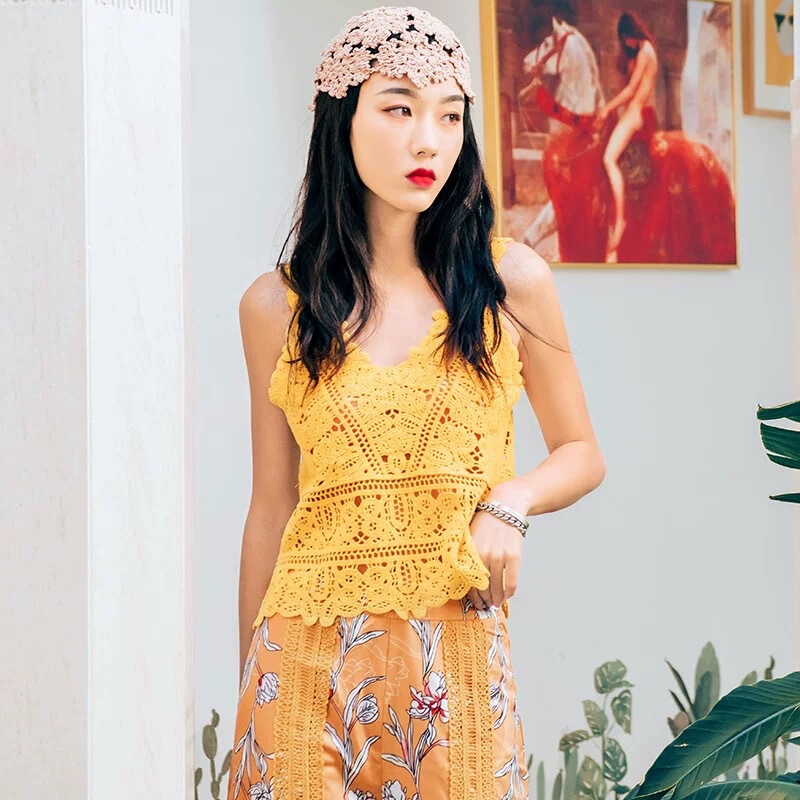 Crochet Lace Hollow Blouse Women's Bohemian Style Summer Seaside Camisole Outer Wear Beach Vacation Top