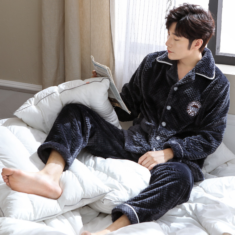 (2개) 남성용 잠옷 겨울 플란넬 두꺼운 잠옷 세트 가을, 겨울 젊은 남성 잠옷 대형 산호 벨벳 가정 의류