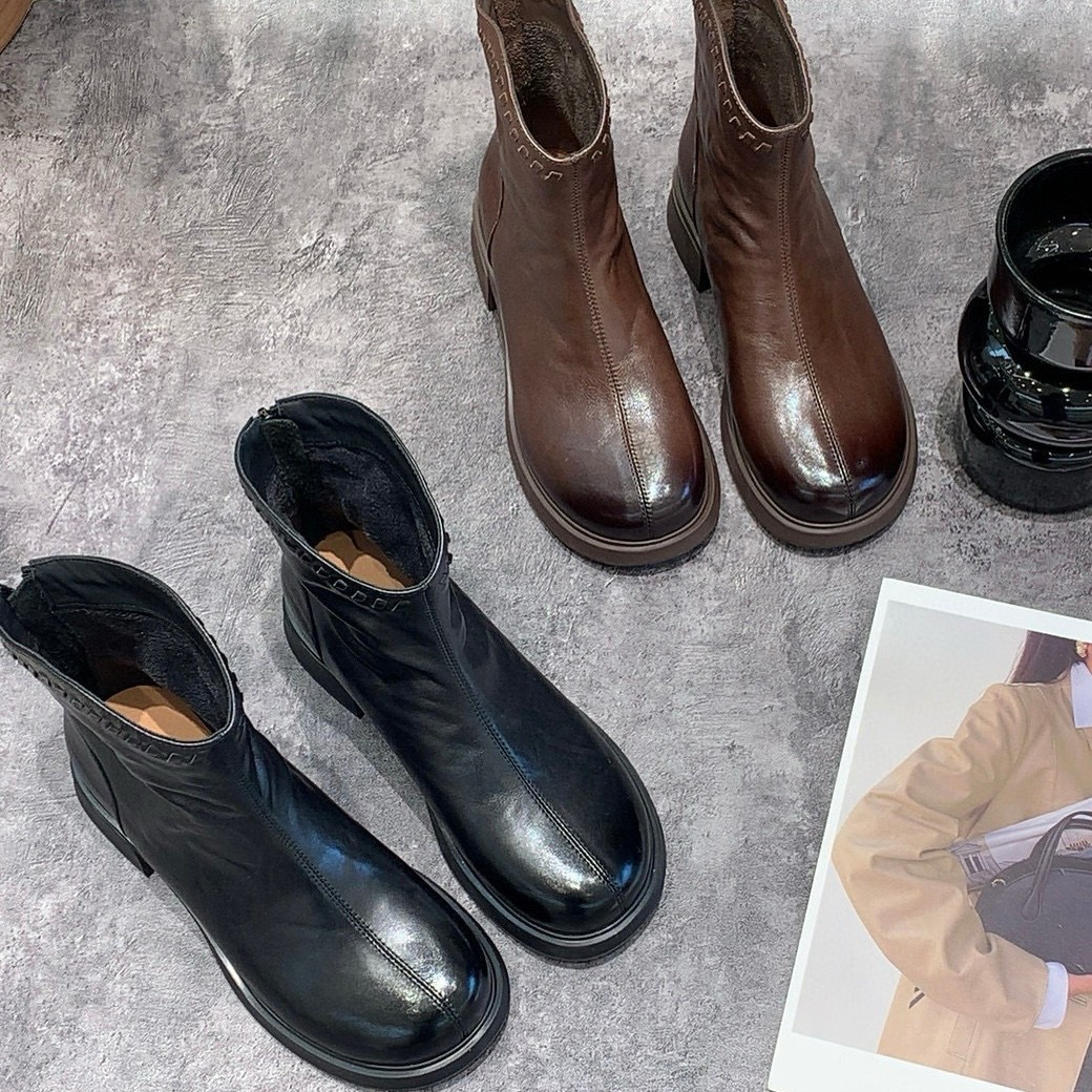 Boot Chelsea nữ cổ thun da bò đen gót thô 6 cm — Màu đen
