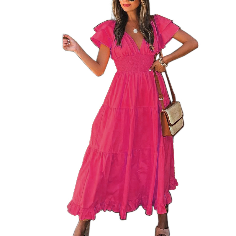 Fashion Solid Color V Neck Short Sleeve Pleated 4-Way Stretch Fabric Polyester Maxi Long Dress Strai