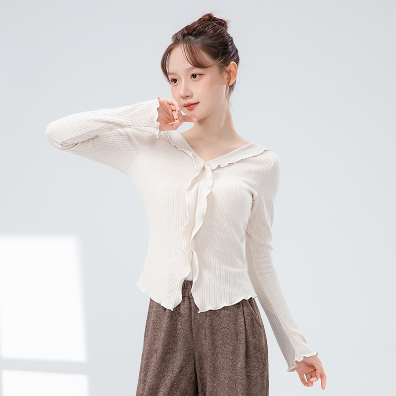 现代舞蹈服女新款修身长袖v领练功服波浪边演出上衣古典舞形体服|undefined