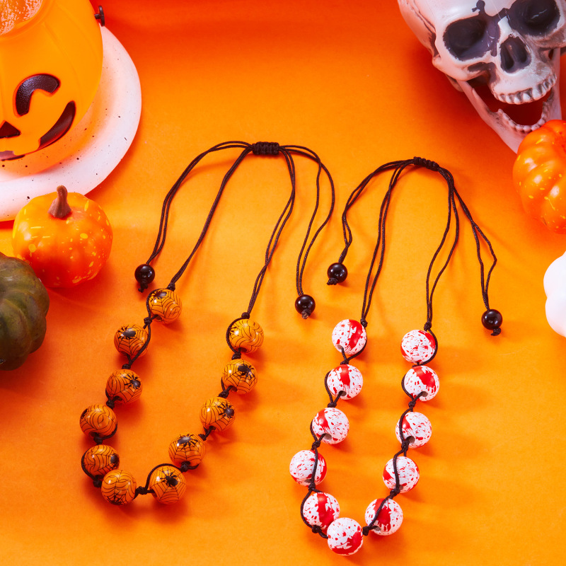 ハロウィンシリーズネックレスヨーロッパとアメリカの国境を越えた新しいパーソナライズされたクリエイティブゴーストフェイス白背景プリントウッドビーズ弾性ブレスレット|undefined