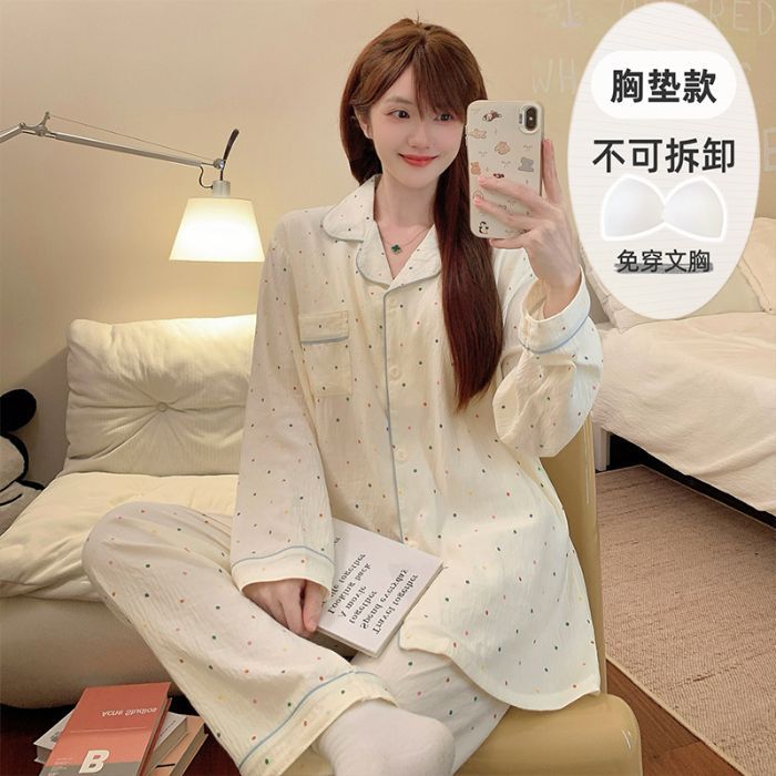 Al por mayor transfronterizo de otoño pantalones de manga larga pijamas casuales de mujer con cojín de pecho cardigan cómodo algodón nubes ropa para el hogar encantadora