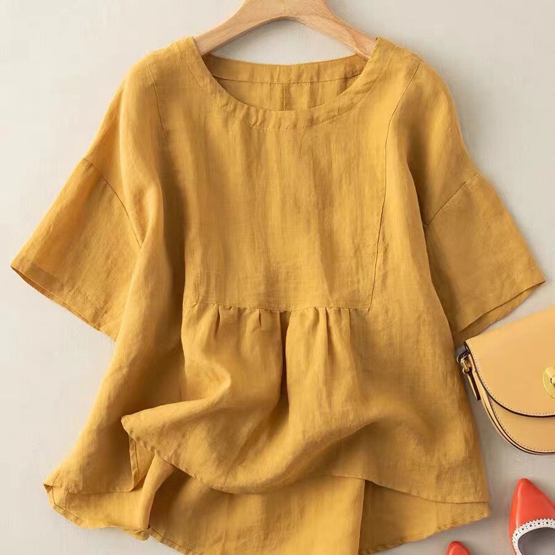 Summer New Short-sleeved Imitation Ramie Shirt Doll Shirt Women's Mid-sleeved Summer Imitation Cotton and Linen Top Loose T-shirt Summer Women's Wear