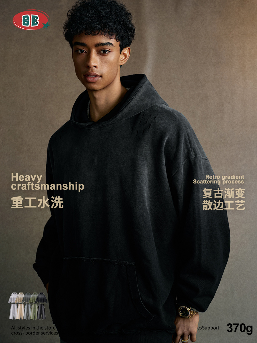 Be Hombres| 2025 otoño marca de moda americana frita flocos de nieve gradiente agujero agujero sudadera encapuchada pantalones de dos piezas para hombres