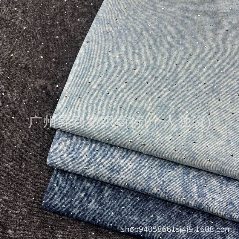No-Wash Sand-Washed Denim Fabric with Rhinestones, Wholesale of Clothing, Footwear, Luggage, and Fabric Materials