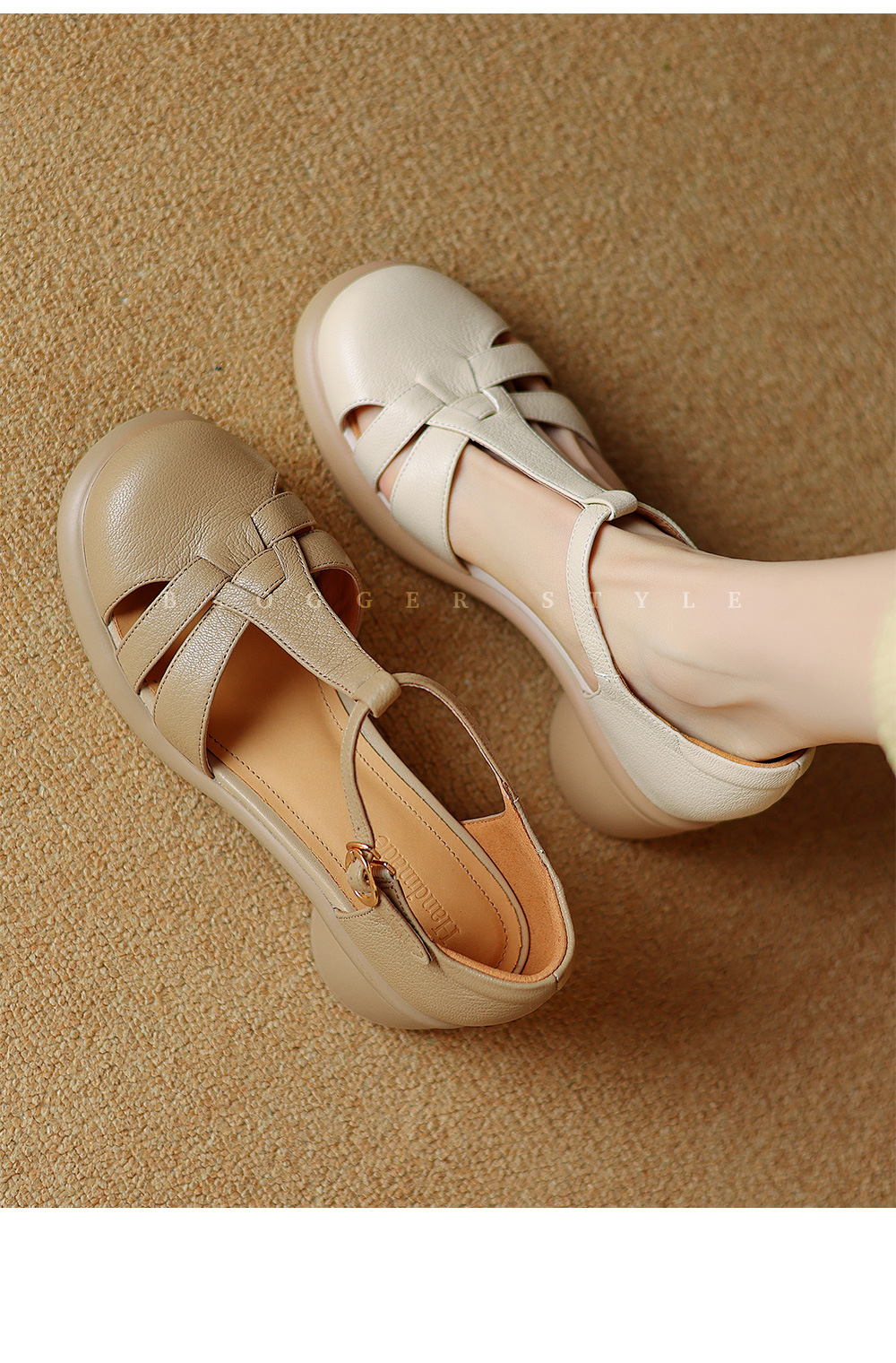 Sandal Mary Jane nữ đế dày gót vuông mũi tròn dệt kiểu La Mã — Màu trắng nhạt chi tiết 1