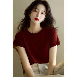 深葡萄酒红色短袖T恤女今年新款上衣正肩休闲小香风