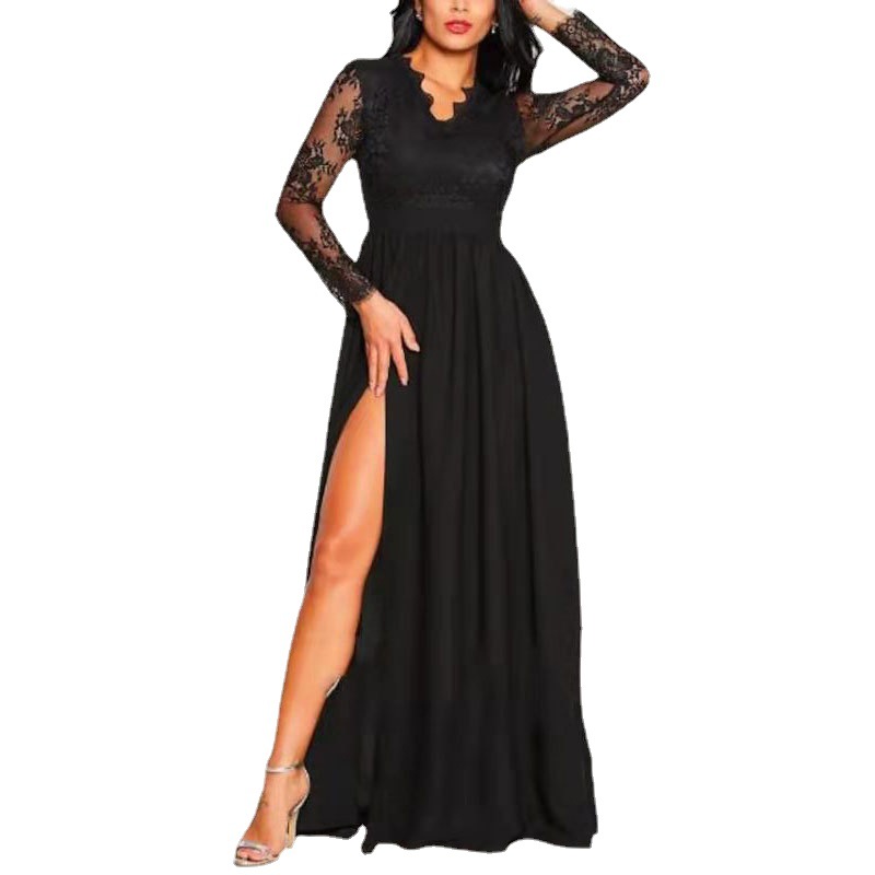 Comercio exterior europeo y americano Amazon AliExpress deseo de las mujeres nuevo encaje con cuello en V manga larga vestido de noche vestido negro