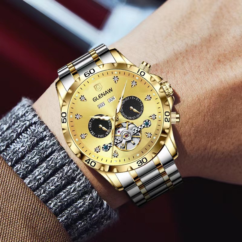 Đồng hồ nam automatic lộ máy dây thép vỏ vàng — 89-26 lịch đai thép vỏ vàng chi tiết 2