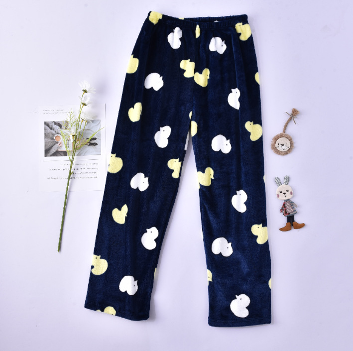 Pantalones de pijama para mujer de otoño e invierno, pantalones largos de franela, ropa de estar de forro polar coral, venta al por mayor de una sola pieza, ropa de casa cálida y dulce.