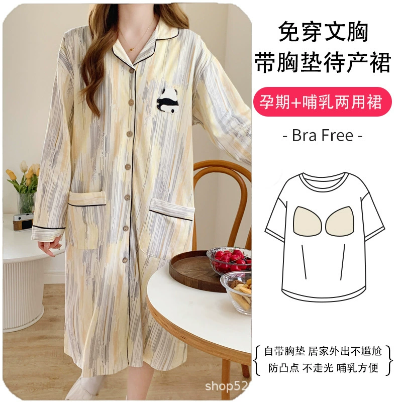 С нагрудной подушечкой весной и осенью госпитализация платье для беременных платье для кормления грудью платье для беременных ночная рубашка заключения с длинным рукавом