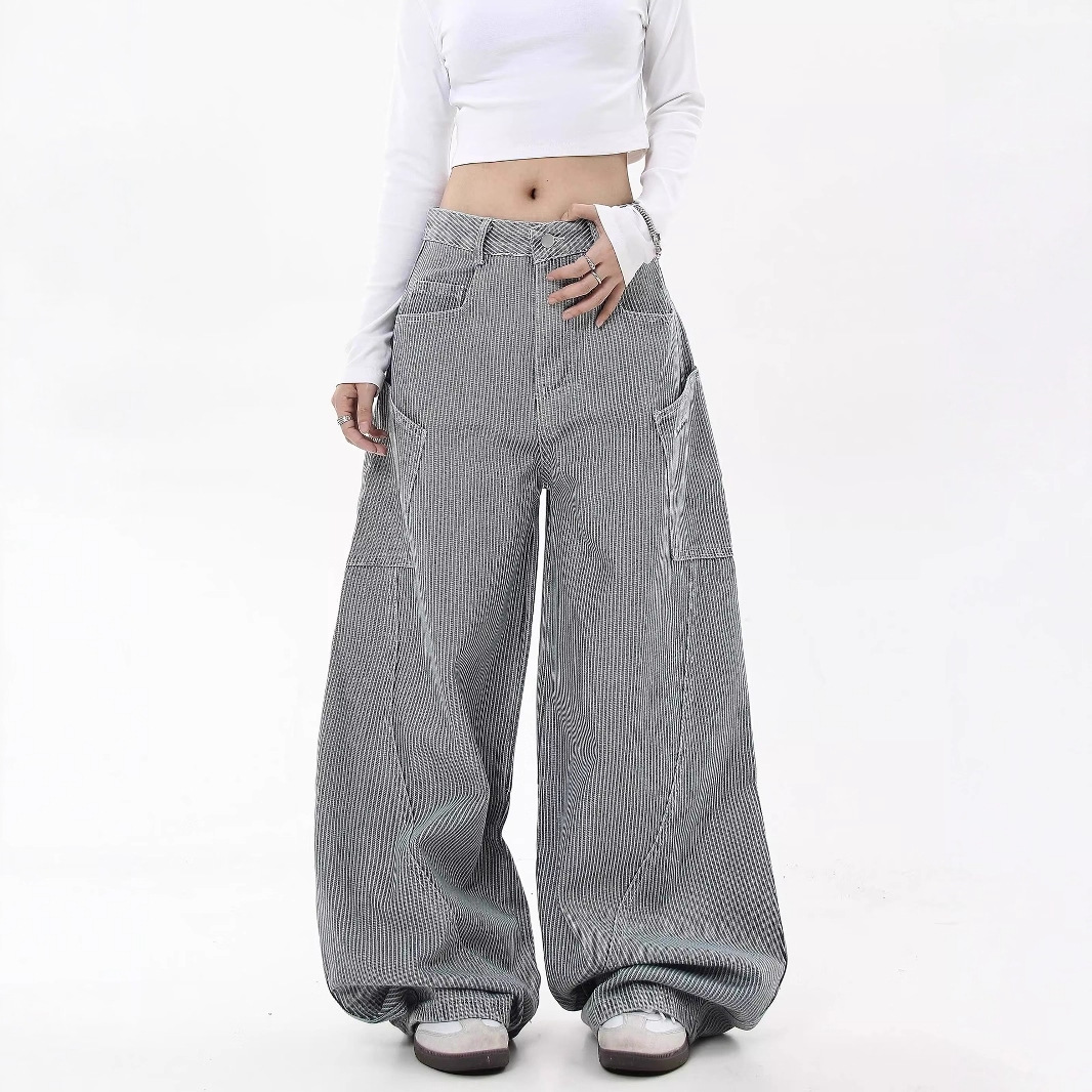 American Retro Striped Scimitar Banana Jeans for Women, New Loose Wide-Leg Cargo Pants with Large Pockets for Spring and Autumn