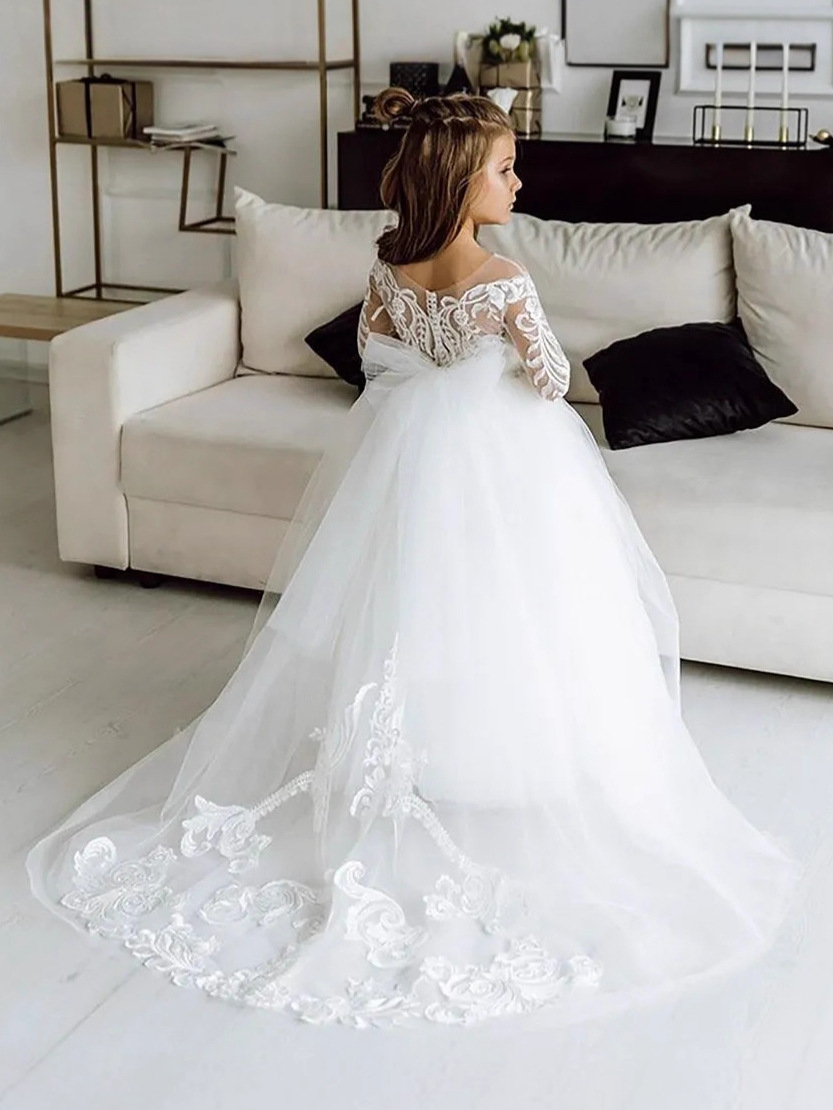 Nuevo vestido de novia para niños transfronterizos europeos y americanos Vestido de encaje de manga larga para niñas con rendimiento final Vestido esponjoso de princesa de cumpleaños