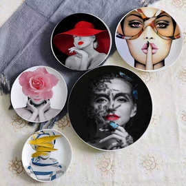 潮流女性装饰欧美头像艺术画陶瓷挂盘客餐厅墙壁装饰盘展示柜摆件
